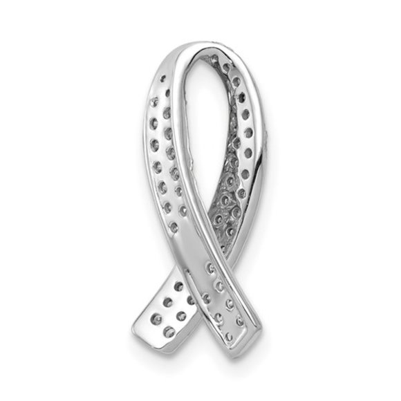 14k White Gold Cancer Awareness Ribbon w Lab Grown Diamond Chain Slide Charm Pen - Picture 2 of 4